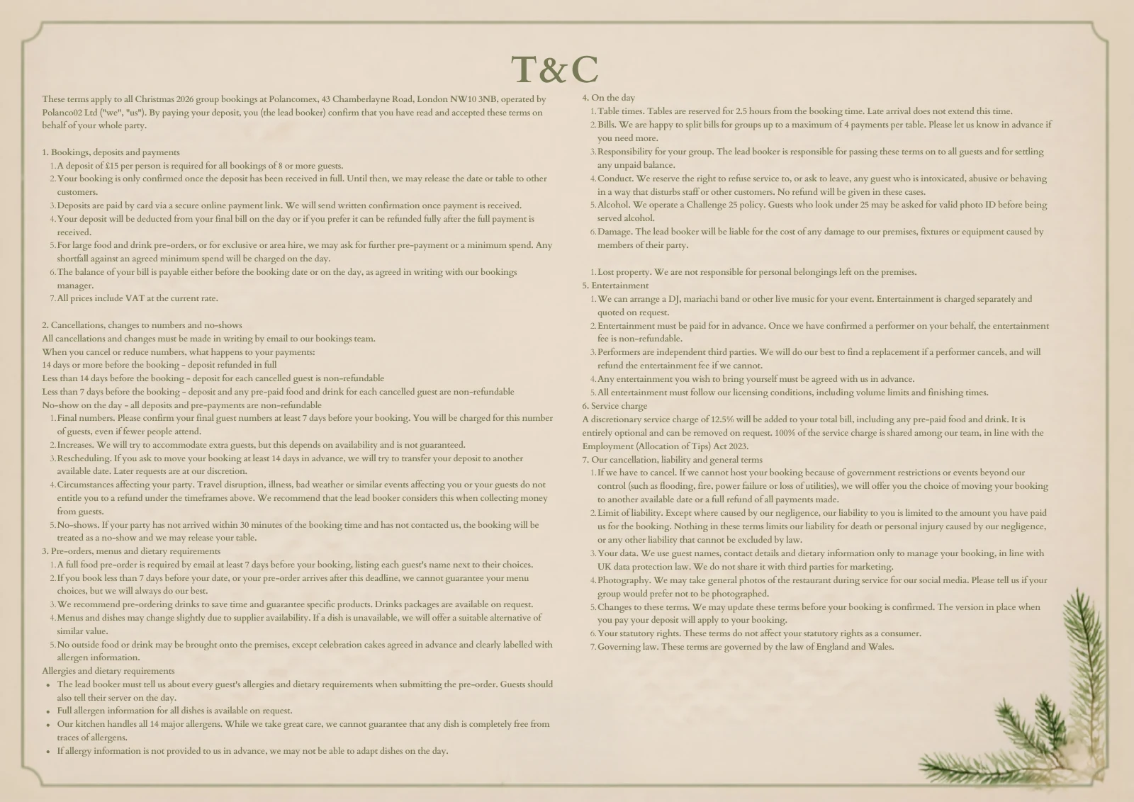 Polanco Christmas menu, page 10 of 10